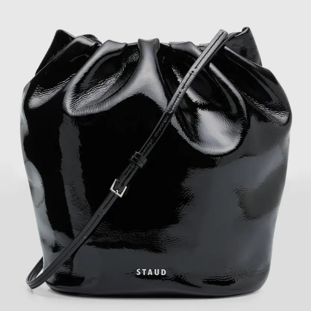 STAUD Black Patent Leather Drawstring Bucket Bag